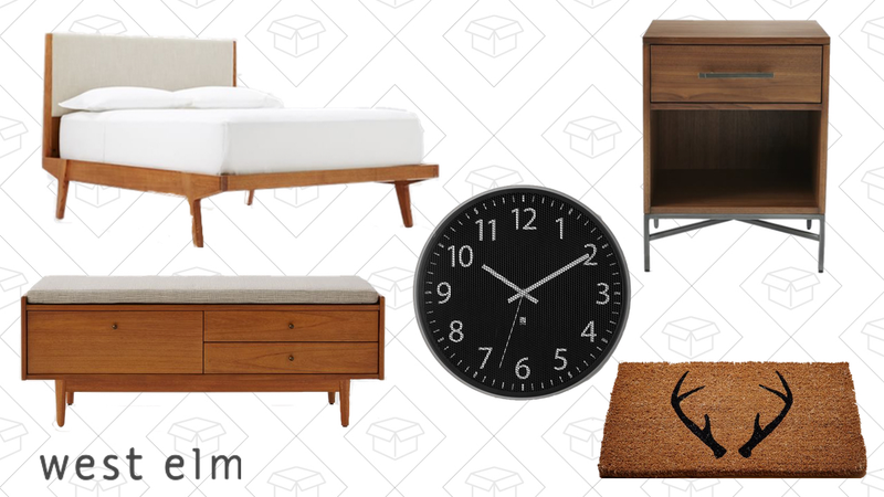 Queen Modern Bed, $550 | Mid-Century Entryway Bench, $250 | Umbra Perftime Wall Clock, $21 | City Storage Nightstand, $140 | Antler Coir Doormat, $15